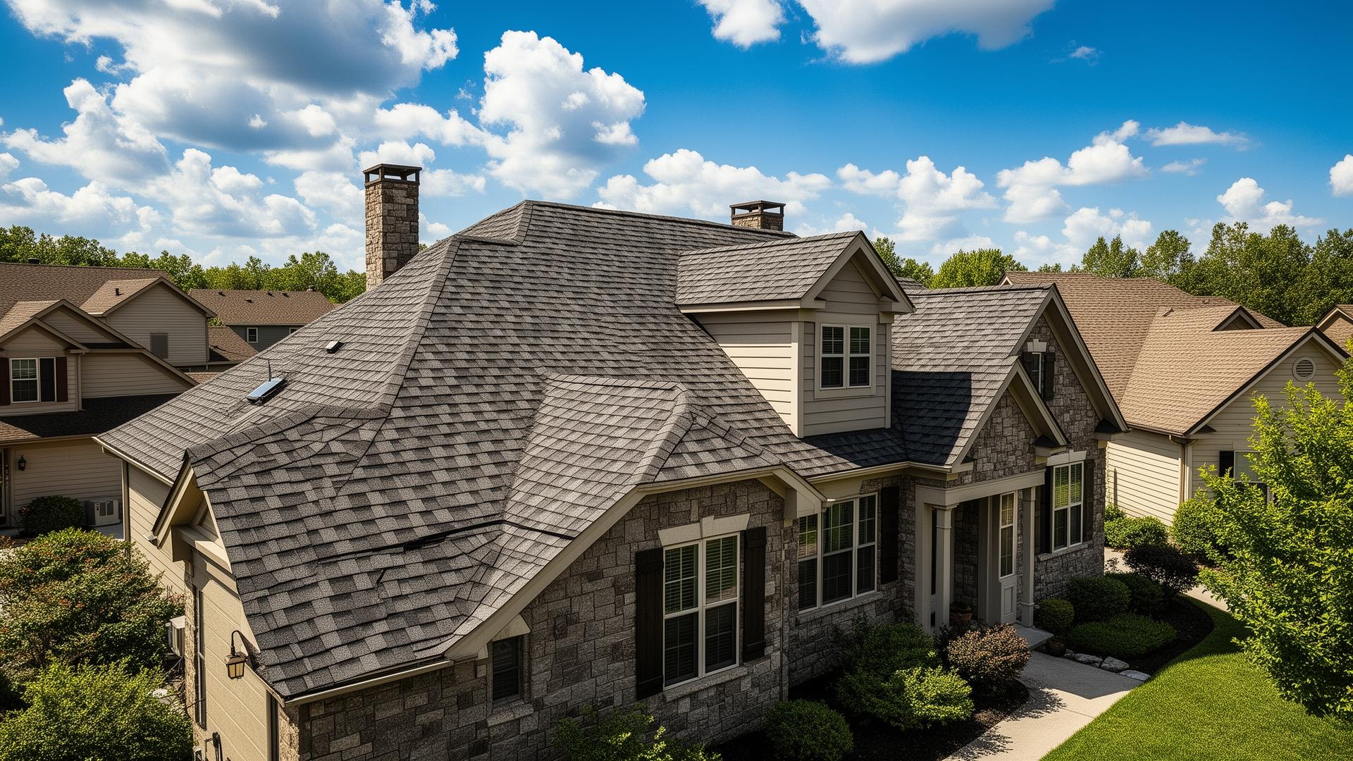 Professional roofing contractor installing new asphalt shingles on Michigan home